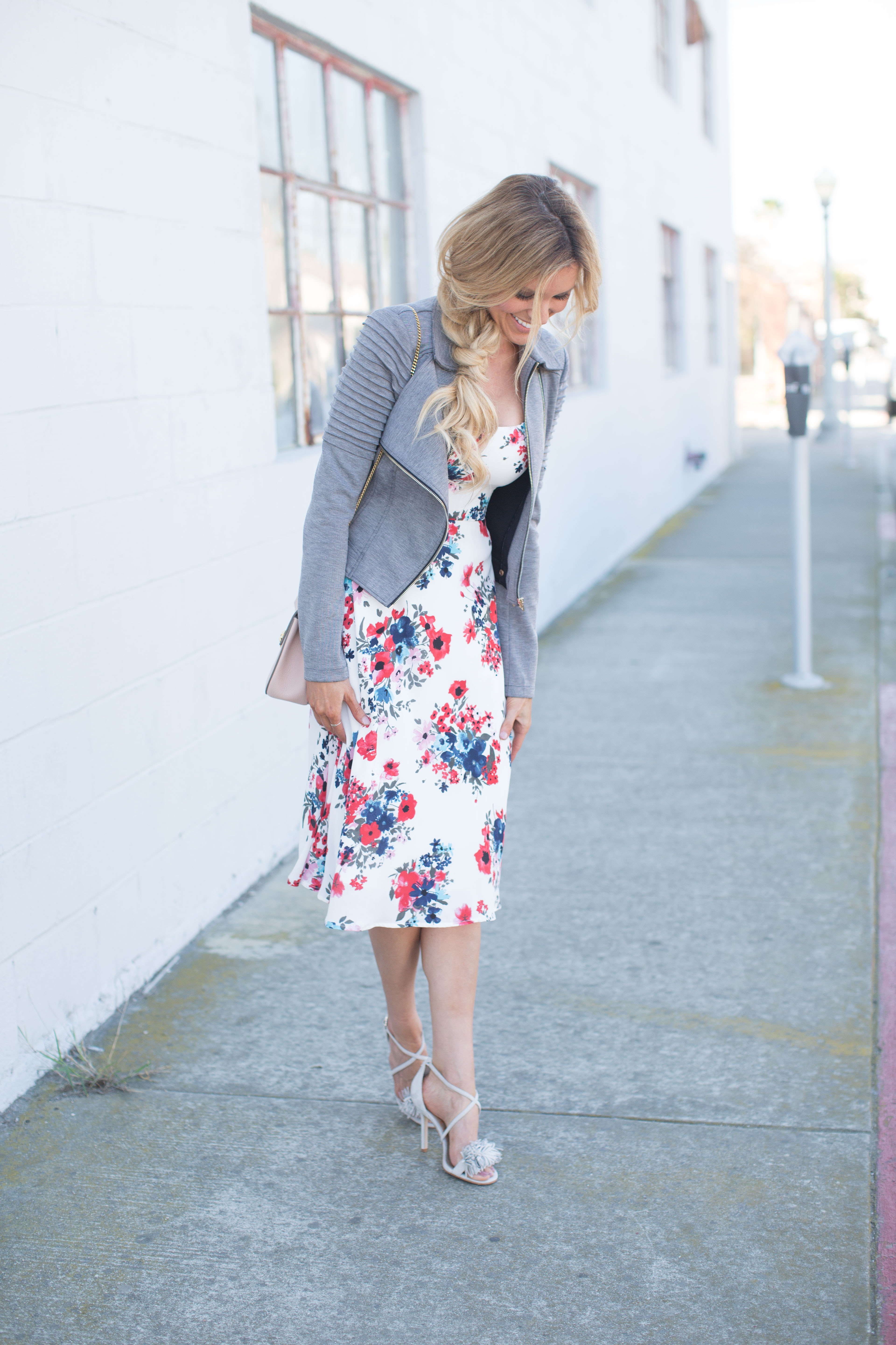 Floral Midi Dress & Moto Jacket | Sapphire Diaries