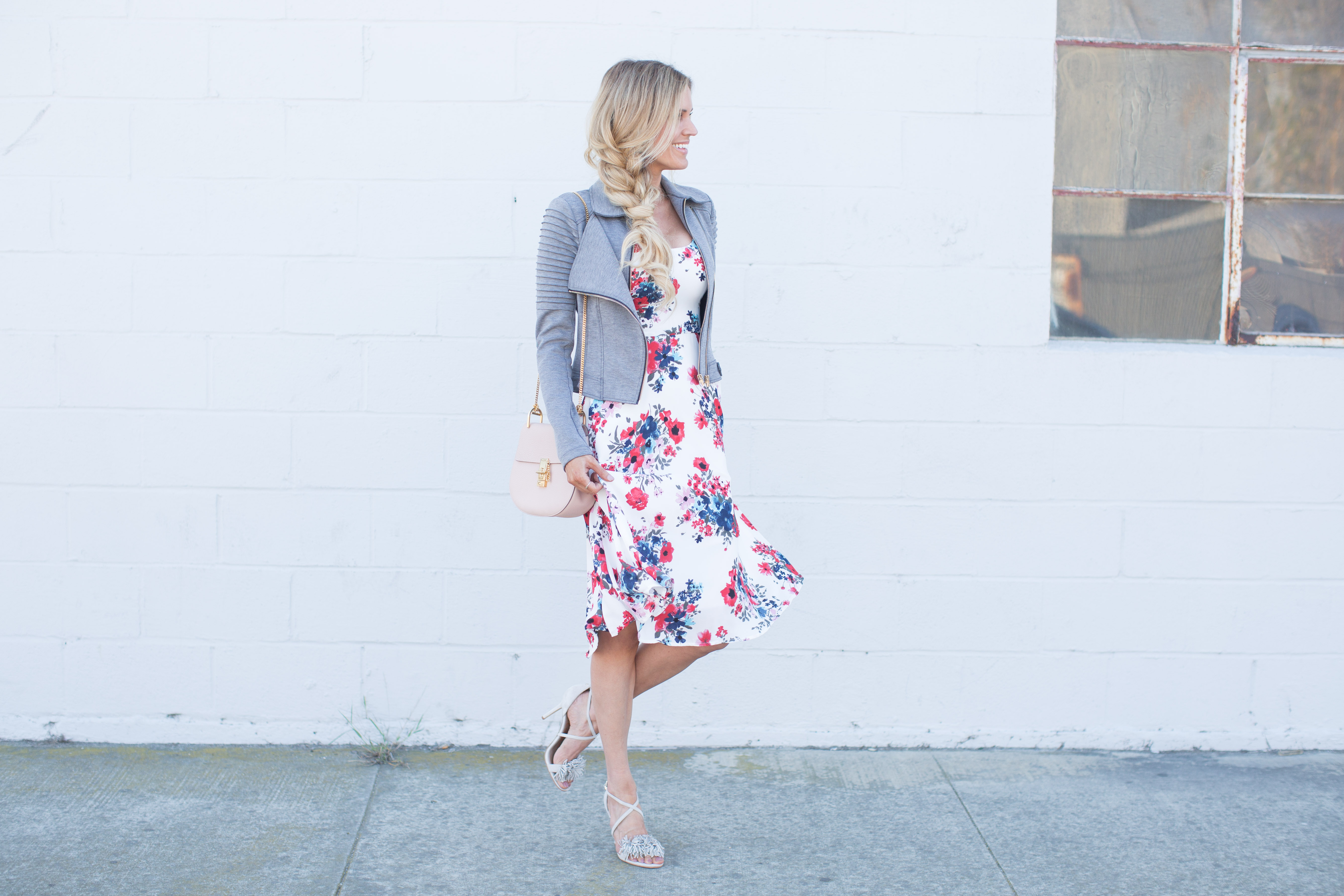 Floral Midi Dress & Moto Jacket | Sapphire Diaries
