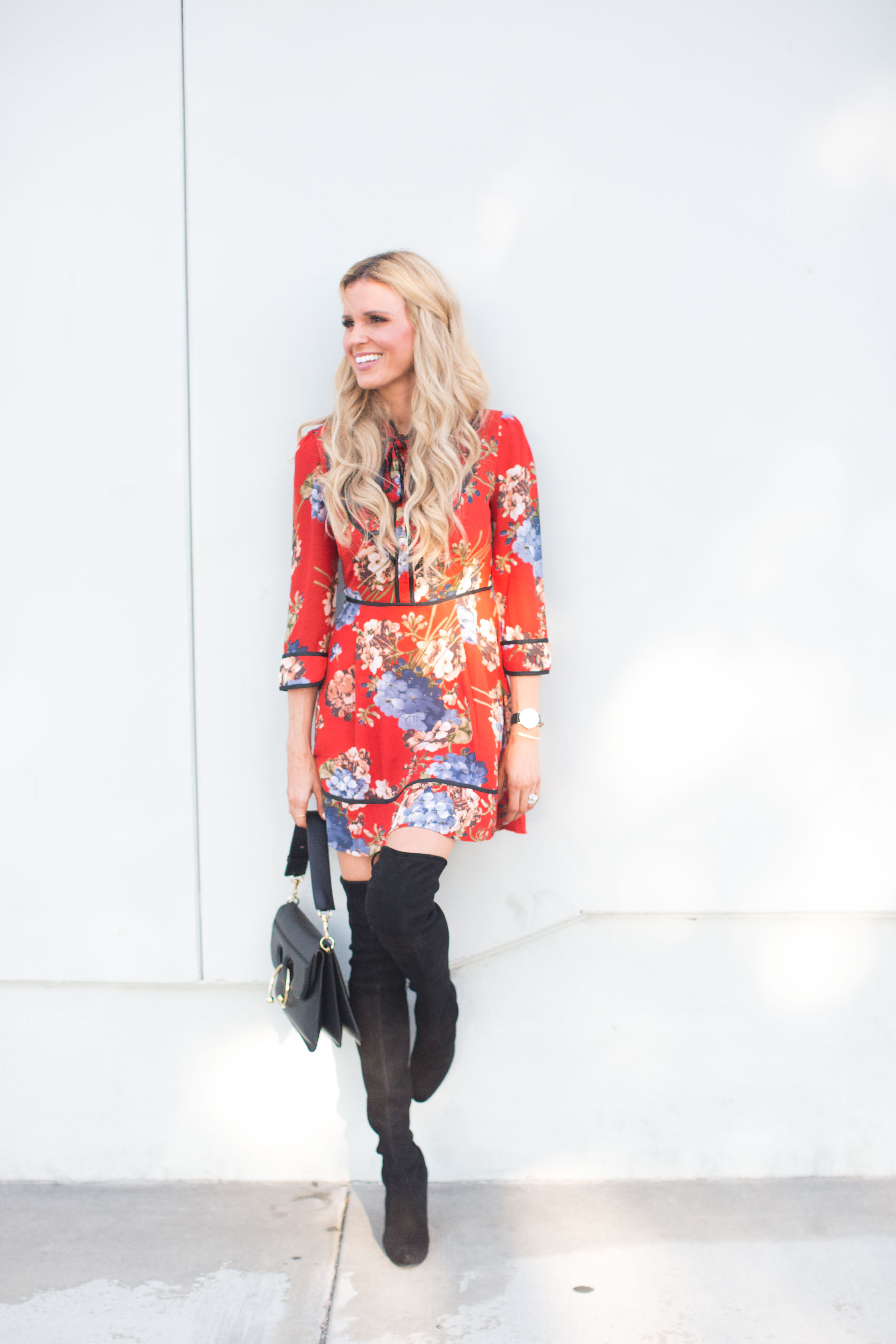 Floral Dress Over Knee Boots