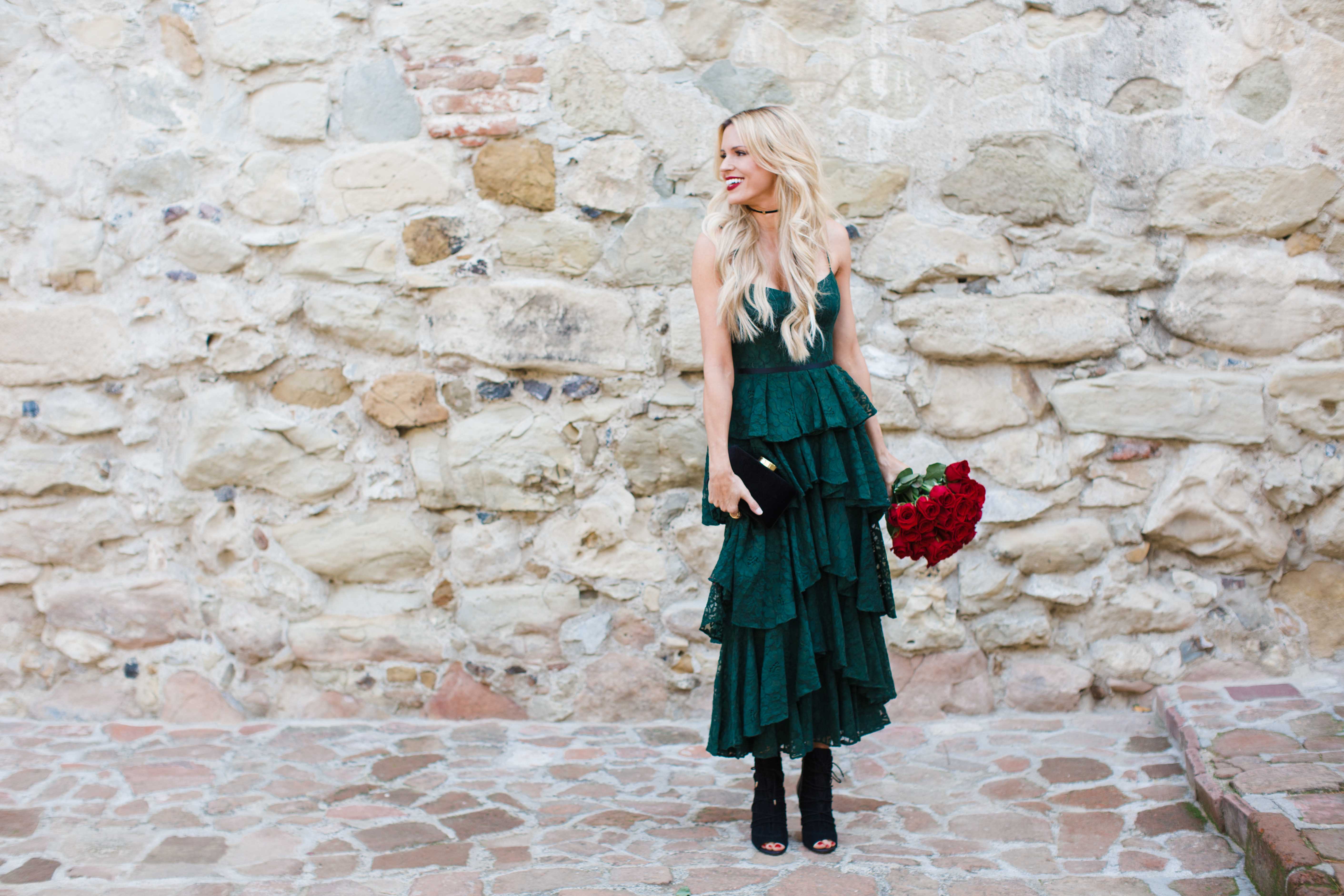 Anthropologie Green Lace Tiered Dress